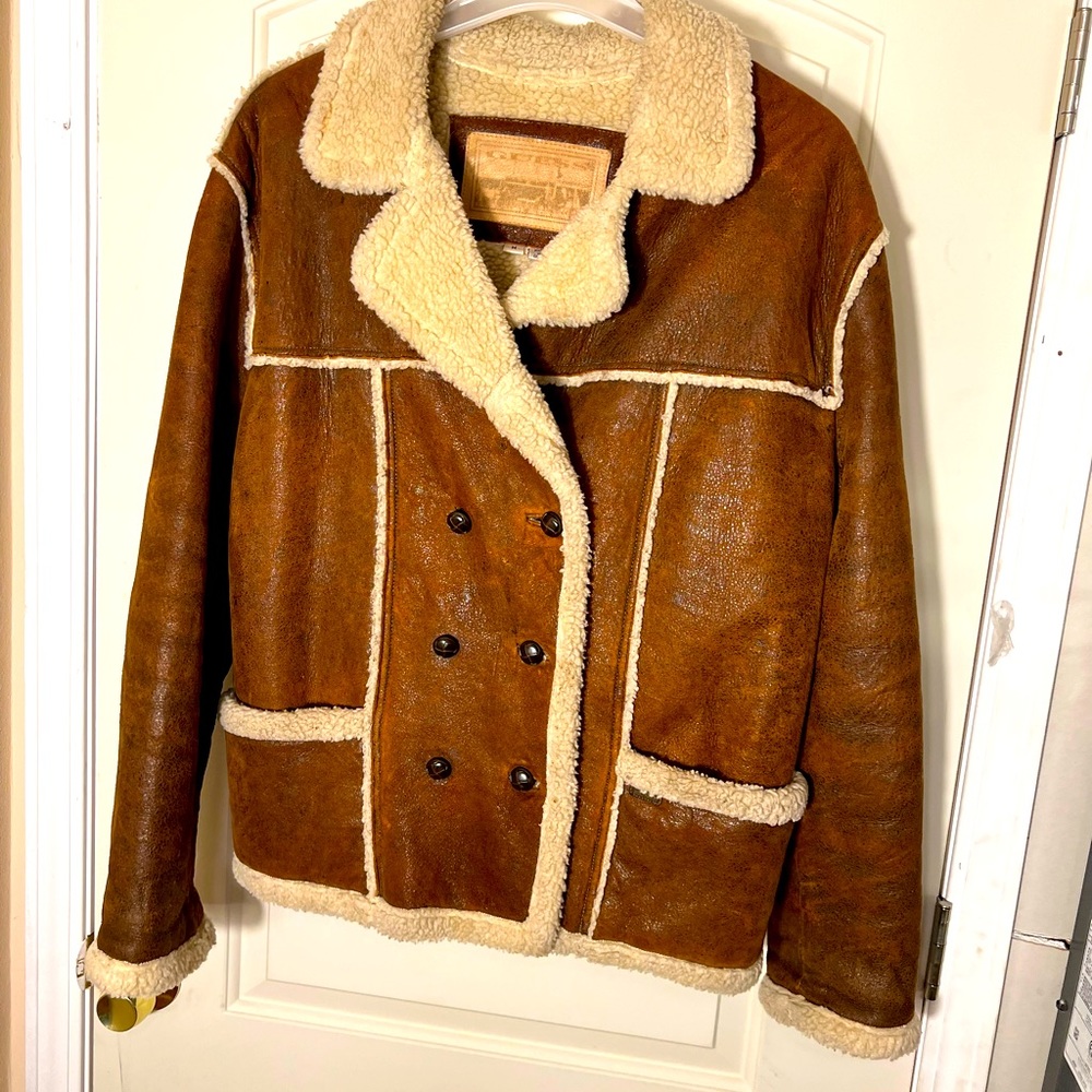 Vintage Brown Genuine Leather double breasted winter shearling  pea coat. Sherpa